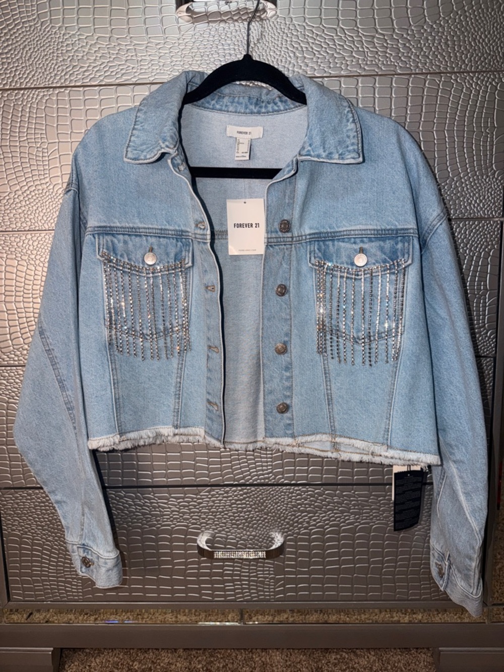 Forever 21 Light Blue Cropped Denim Jacket with Rhinestone Fringe